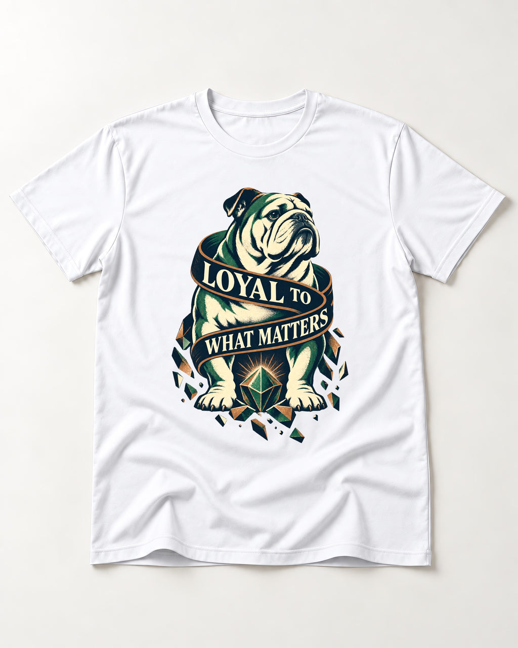 Loyal to What Matters English Bulldog T-Shirt in White, flat lay product photo
