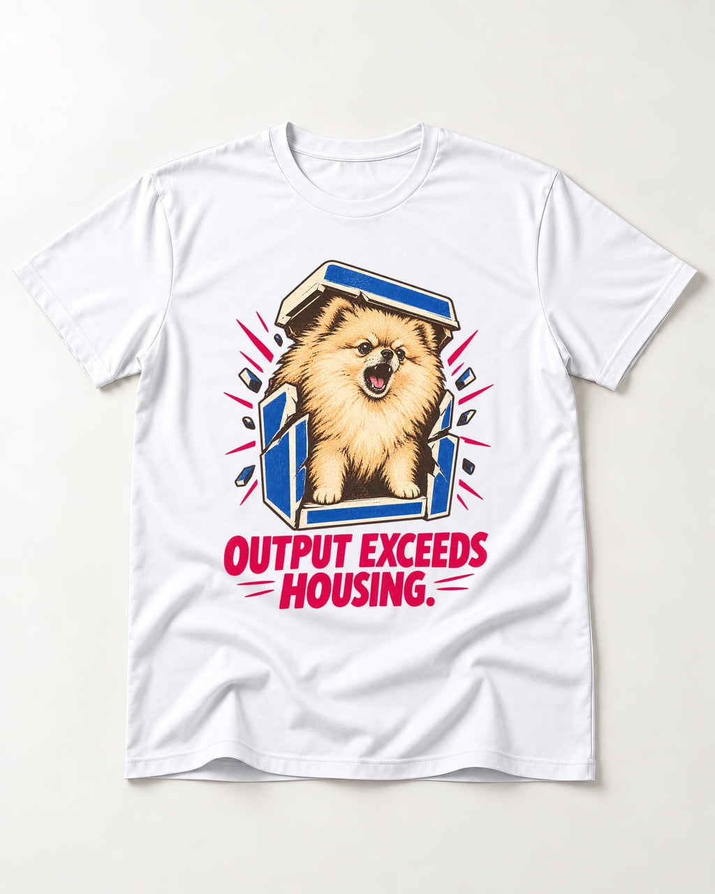 Pomeranian Output Exceeds Housing Bark Compression Graphic T-Shirt in White, flat lay product photo