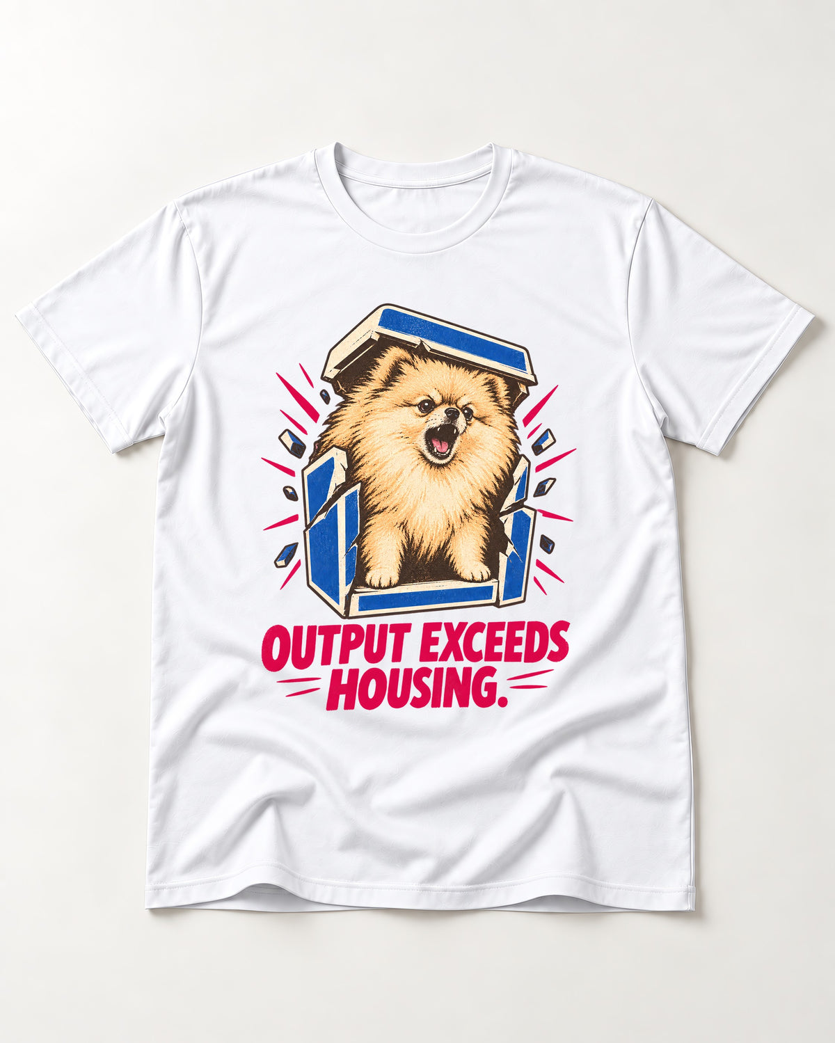 Pomeranian Output Exceeds Housing Bark Compression Graphic T-Shirt in White, flat lay product photo