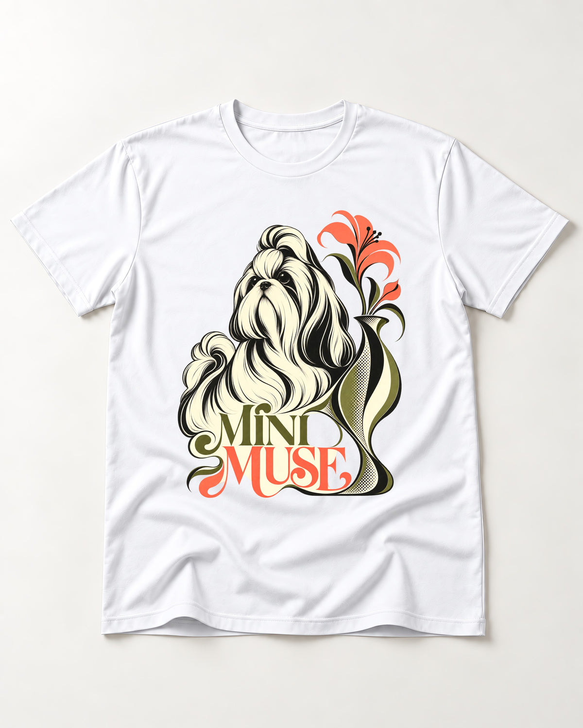 Shih Tzu Mini Muse T-Shirt in White, flat lay product photo