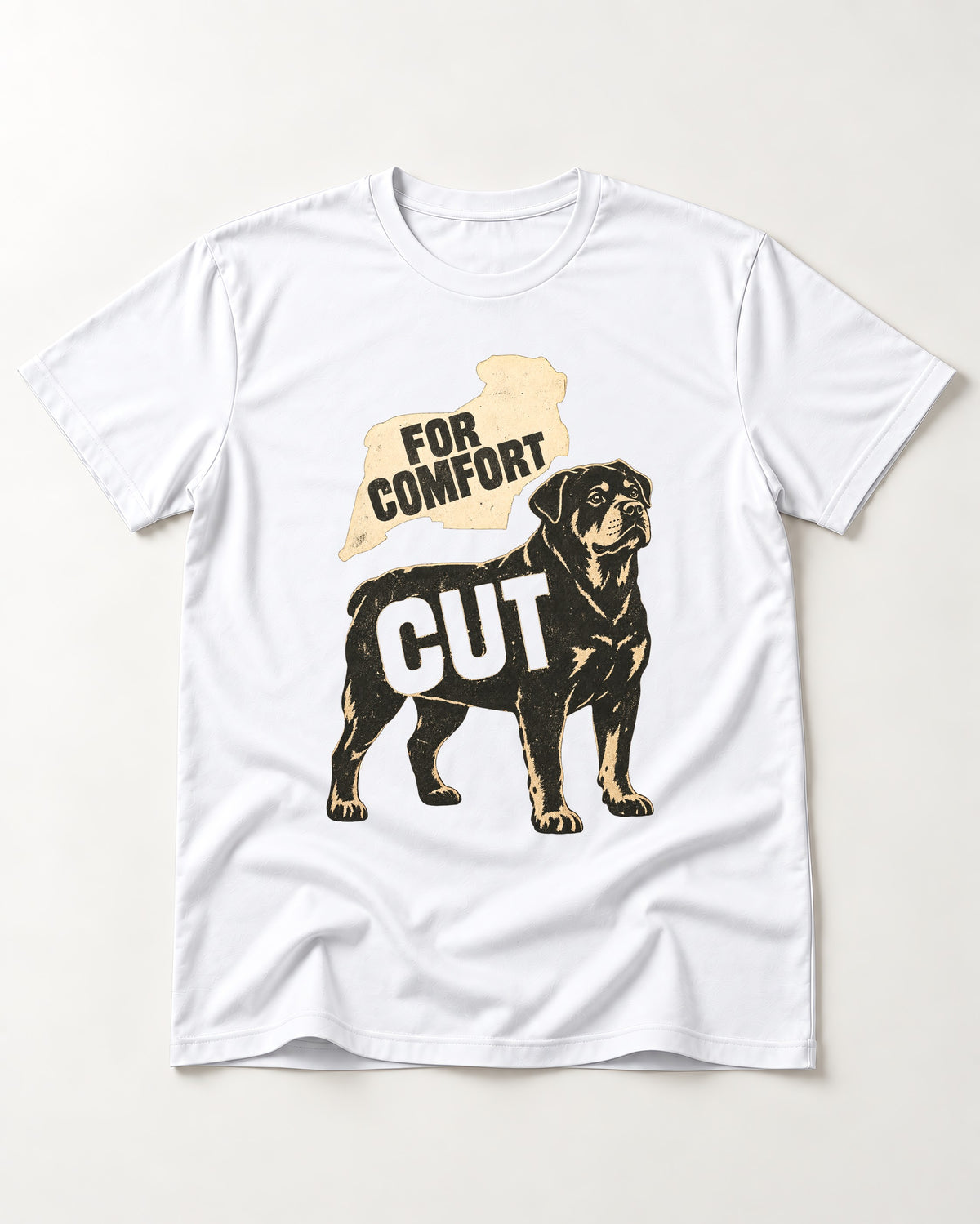 Rottweiler Cut for Comfort T-Shirt in White, flat lay product photo