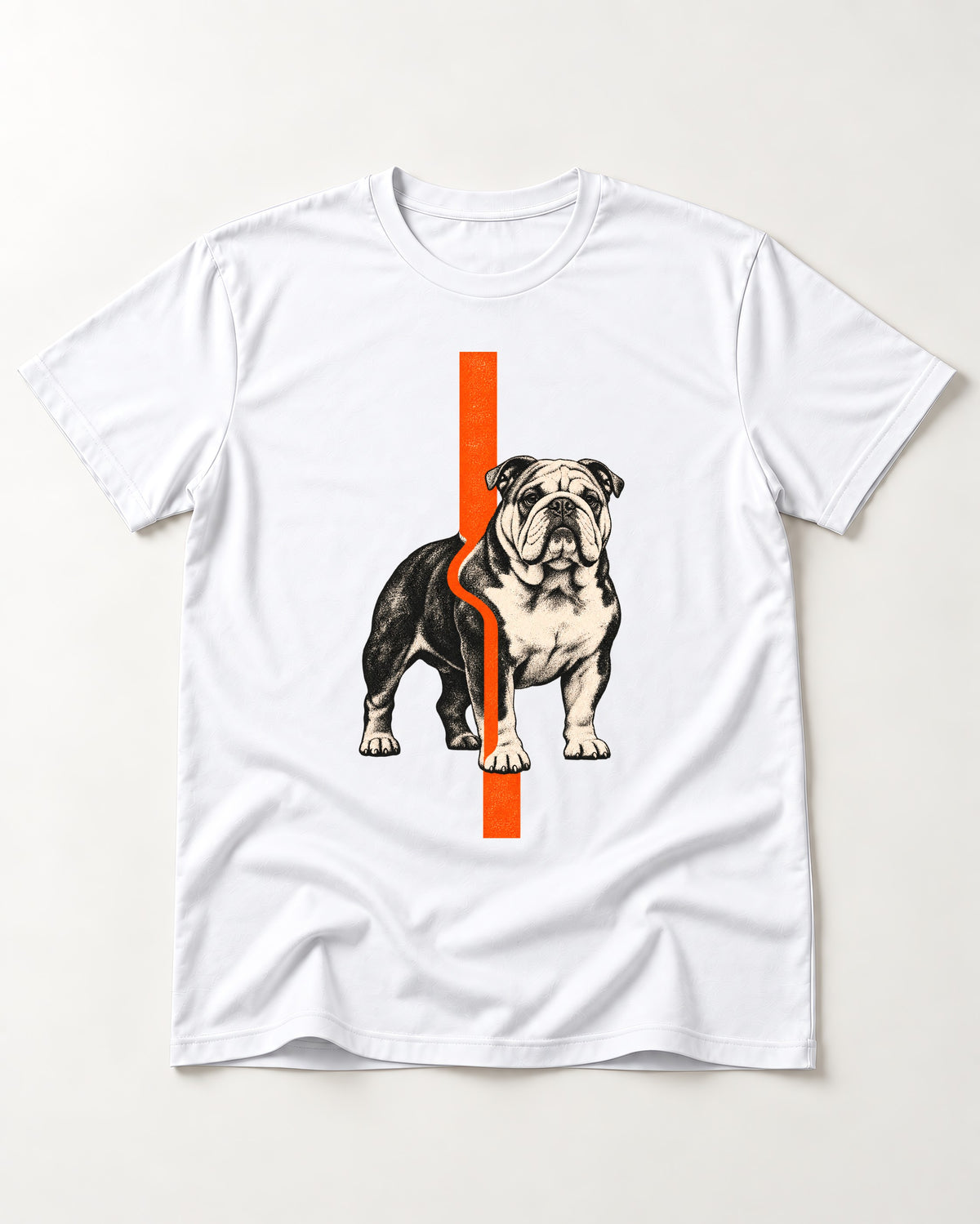 English Bulldog Quiet Strength T-Shirt in White, flat lay product photo