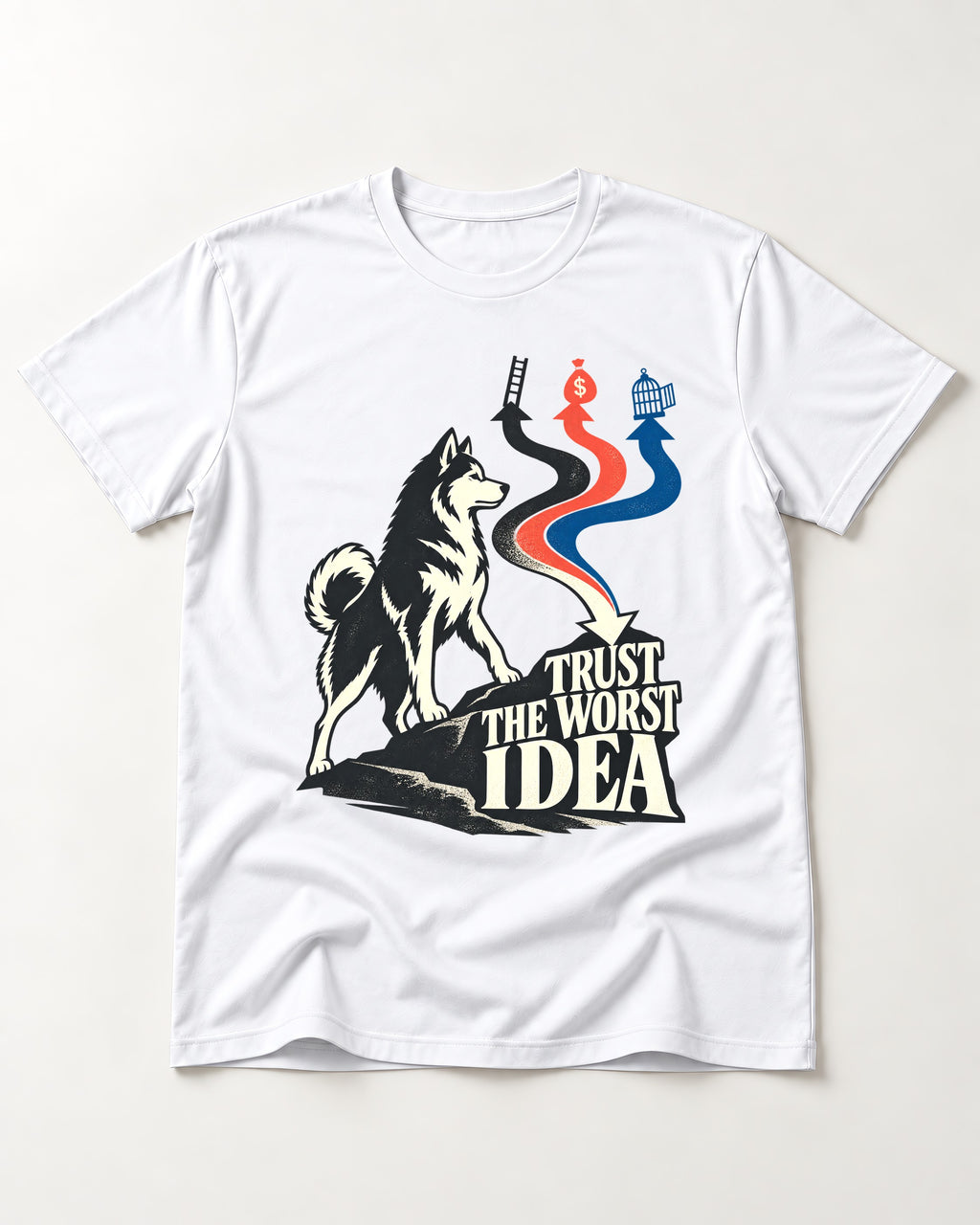 Trust the Worst Husky Idea T-Shirt in White, flat lay product photo