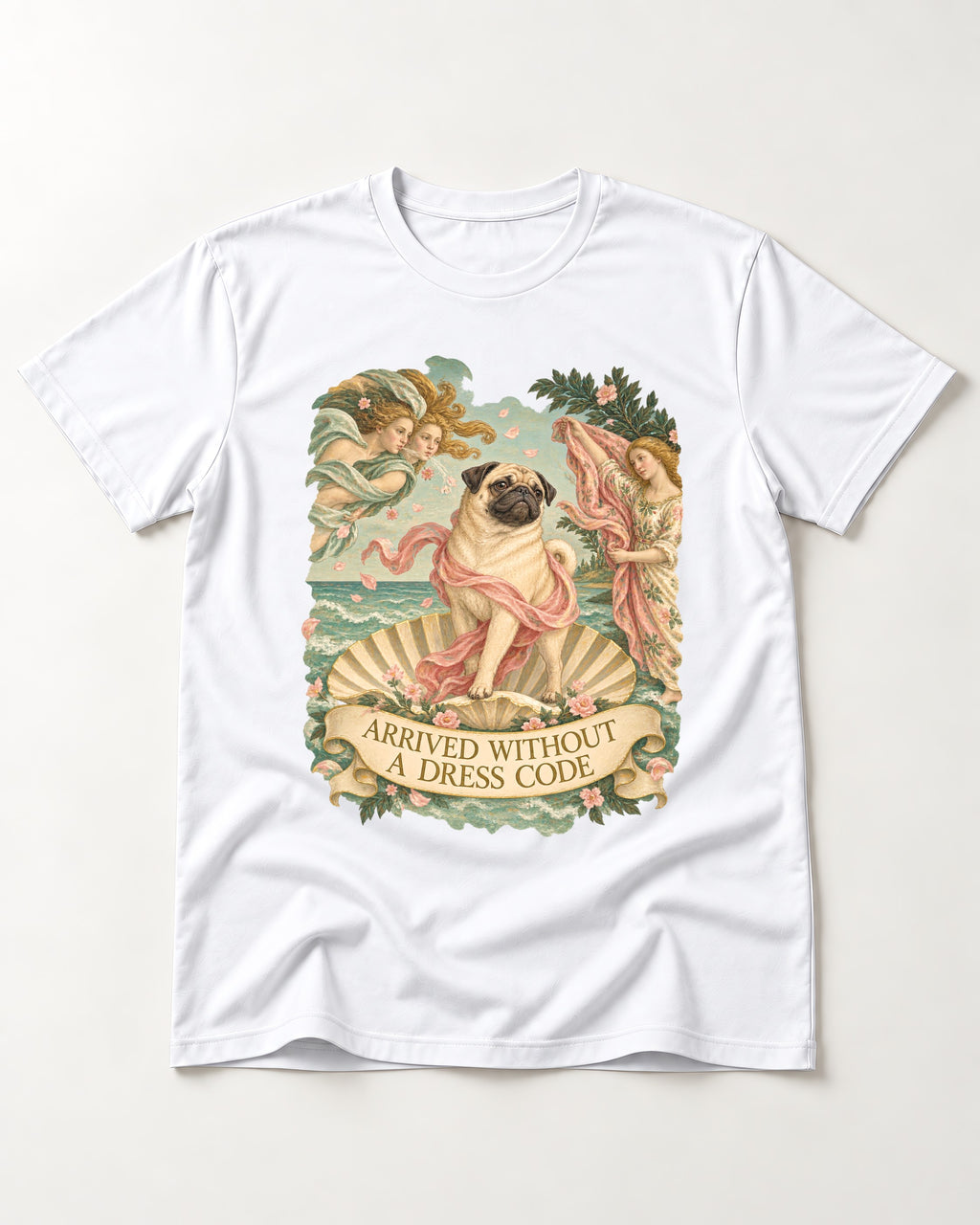 Pug Arrived Without a Dress Code Venus Parody Graphic T-Shirt in White, flat lay product photo