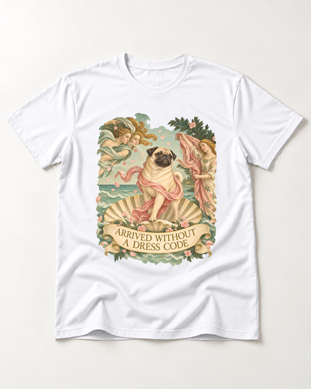 Pug Arrived Without a Dress Code Venus Parody Graphic T-Shirt in White, flat lay product photo