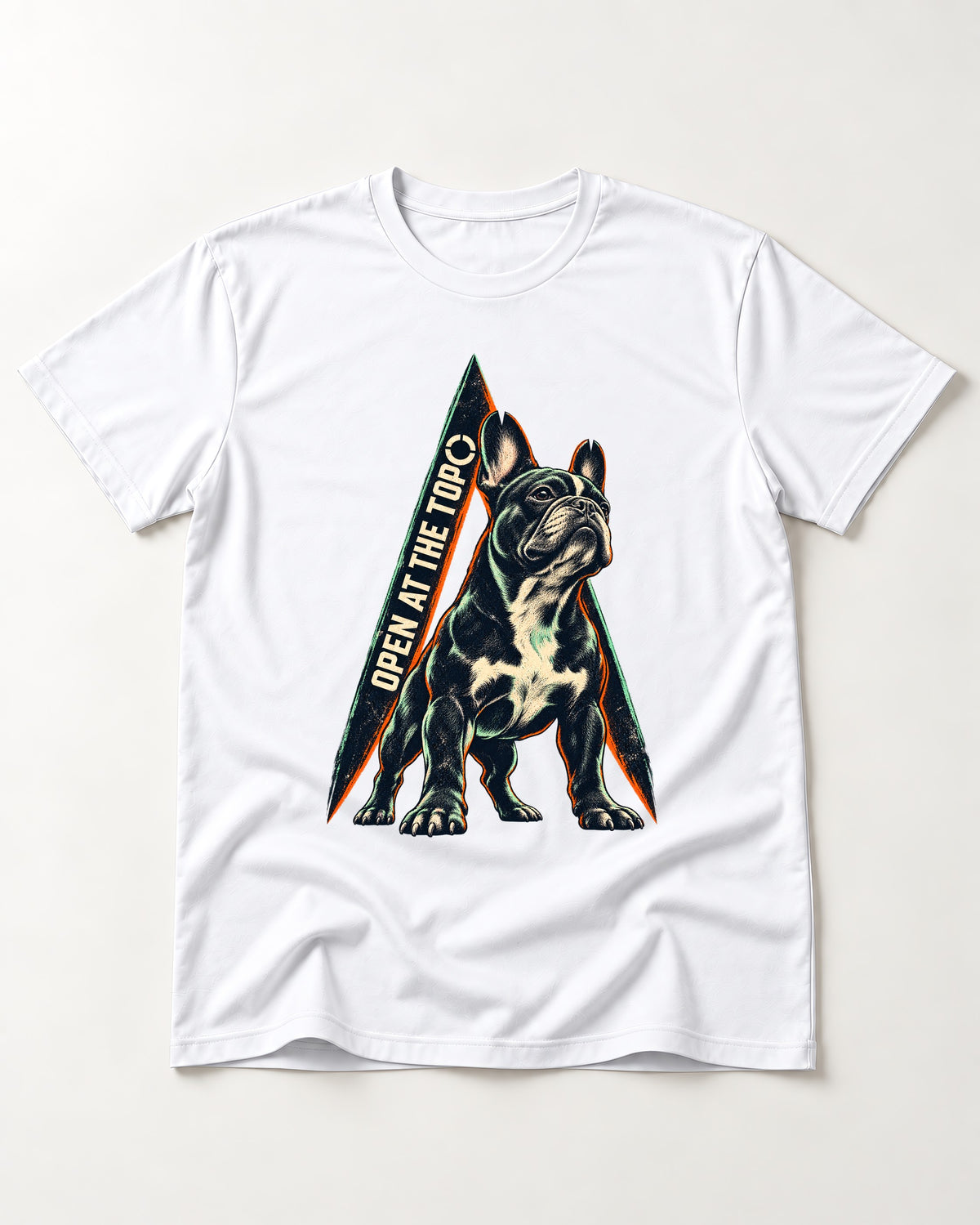 Frenchie Open at the Top T-Shirt in White, flat lay product photo
