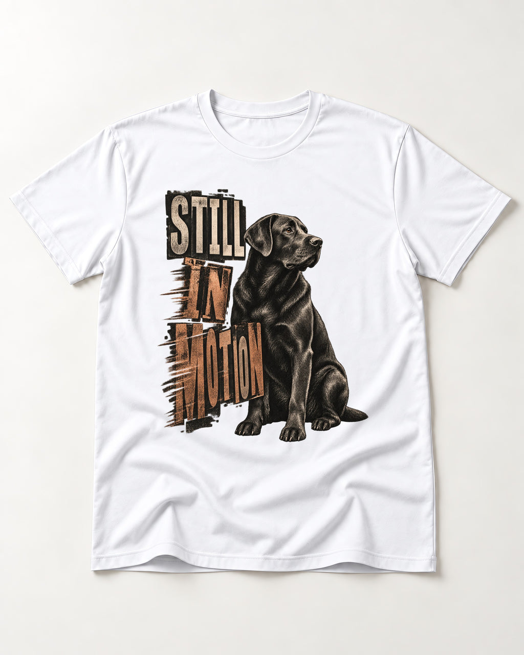 Labrador Retriever Still in Motion Seated Graphic T-Shirt in White, flat lay product photo