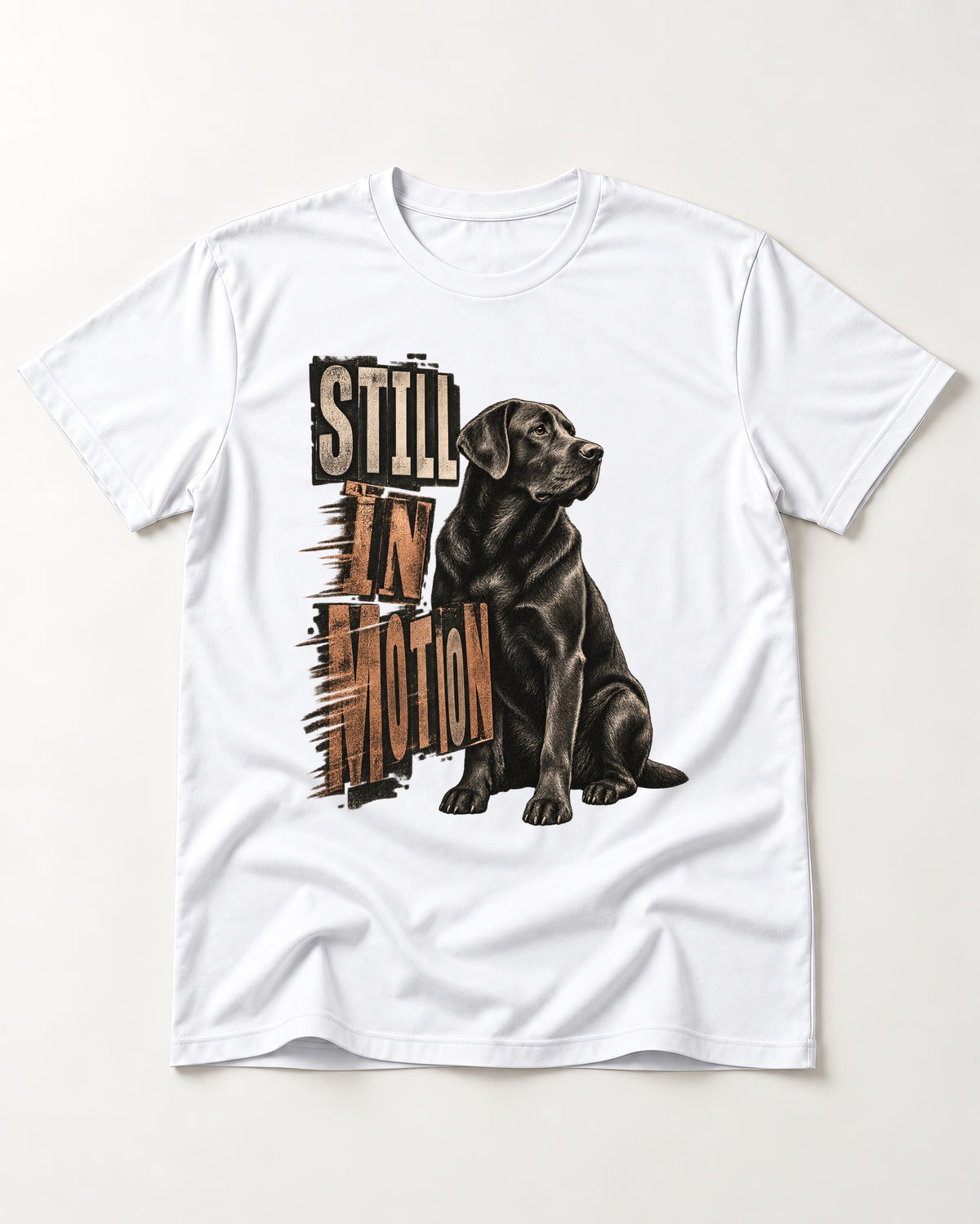 Labrador Retriever Still in Motion Seated Graphic T-Shirt in White, flat lay product photo