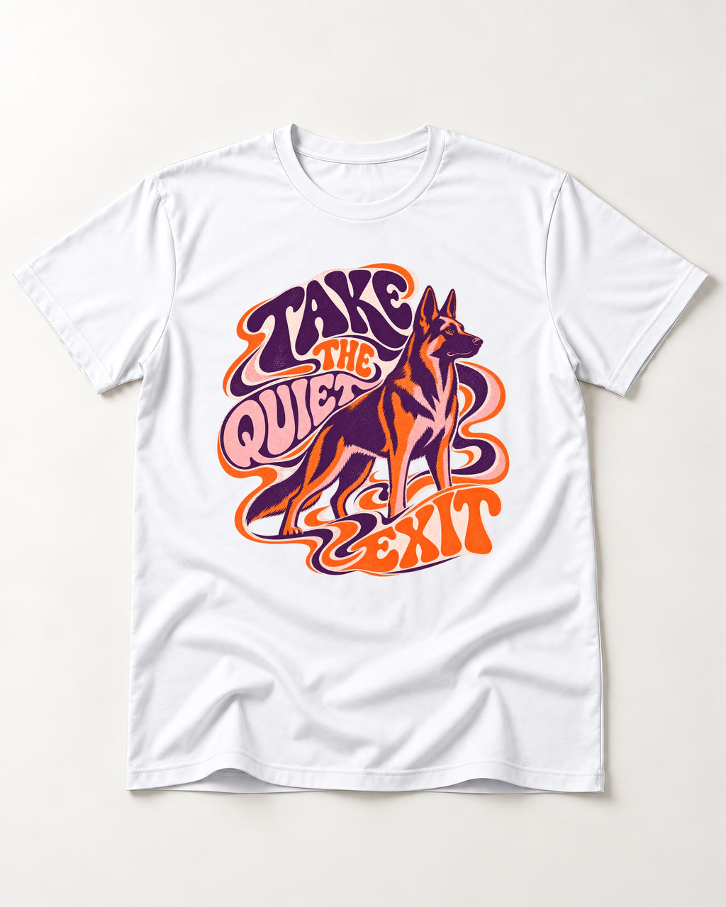 Take The Quiet Exit Psychedelic German Shepherd Dog Graphic T-Shirt in White, flat lay product photo