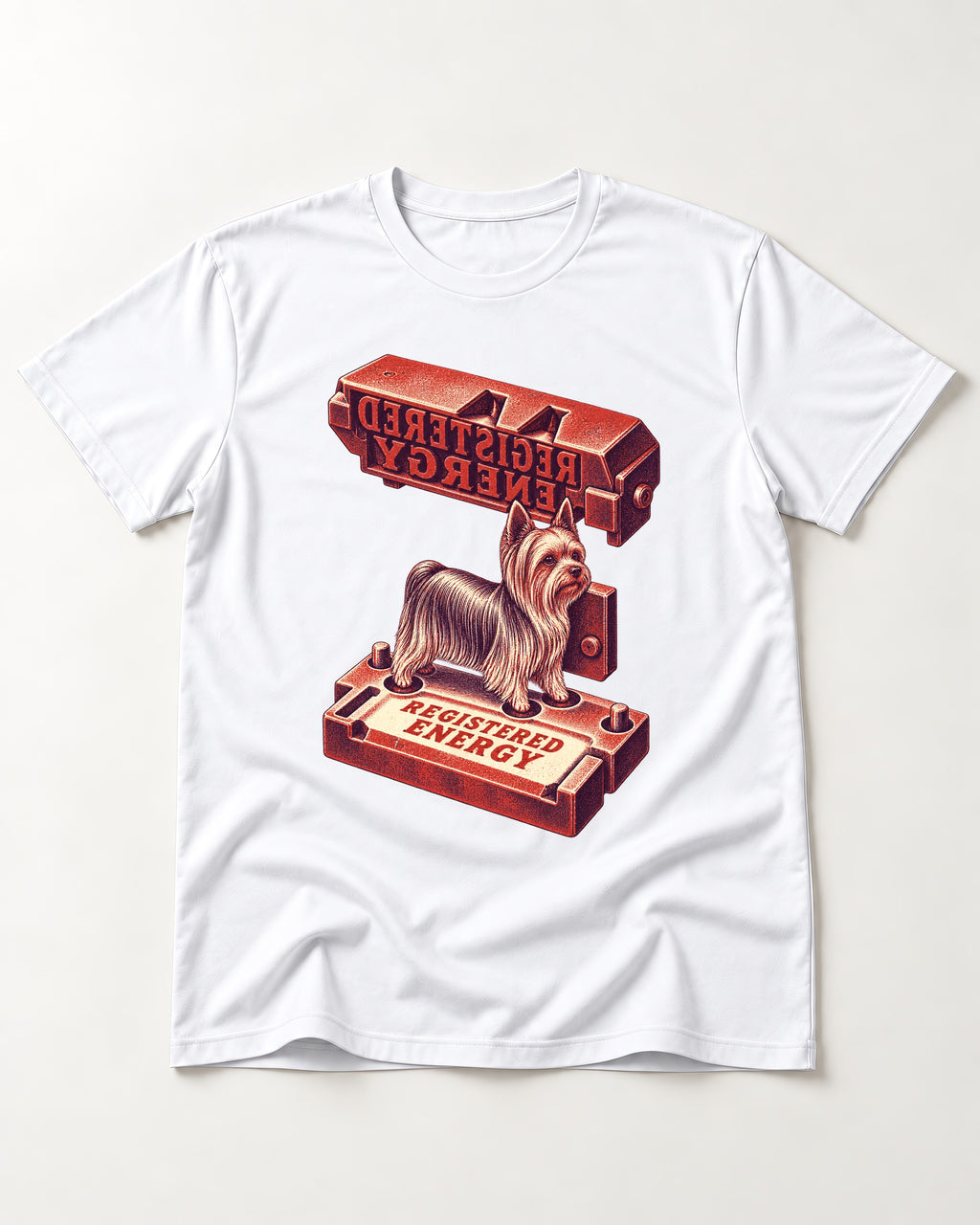 Yorkshire Terrier Registered Energy Stamp Press Graphic T-Shirt in White, flat lay product photo