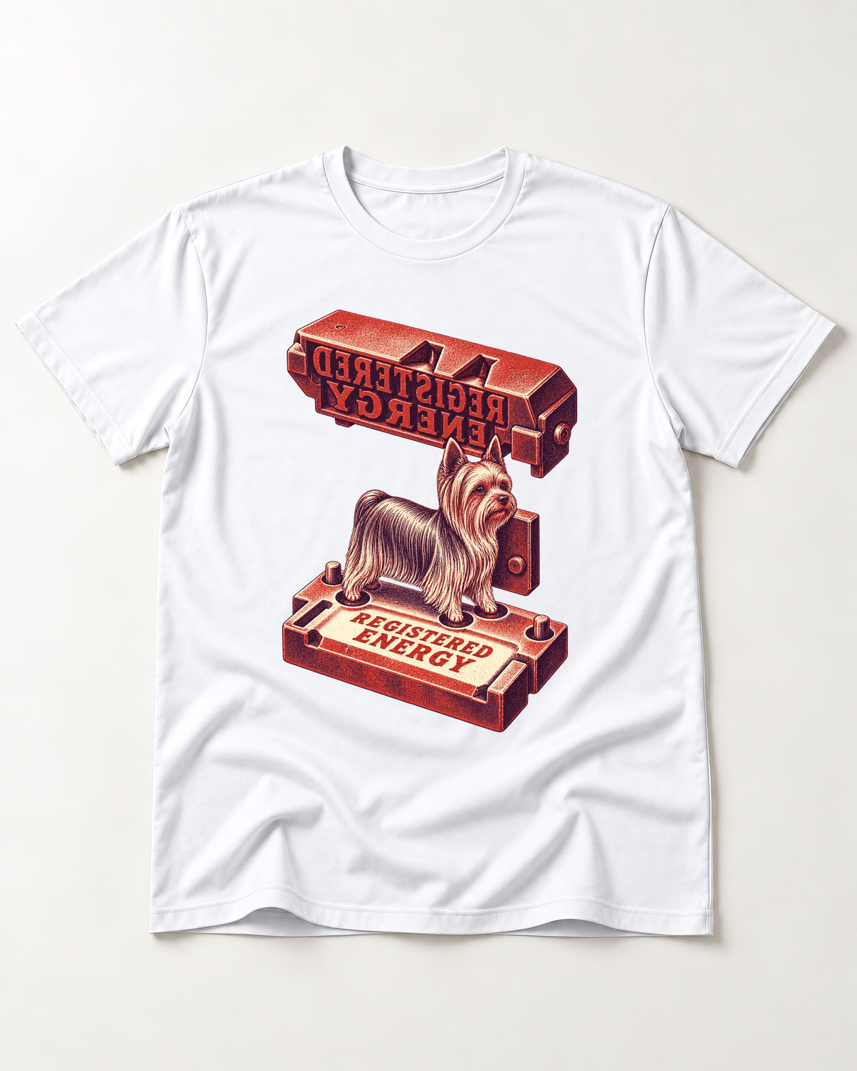 Yorkshire Terrier Registered Energy Stamp Press Graphic T-Shirt in White, flat lay product photo