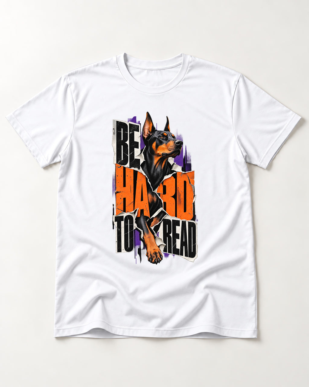 Doberman Be Hard to Read Torn Poster Graphic T-Shirt in White, flat lay product photo