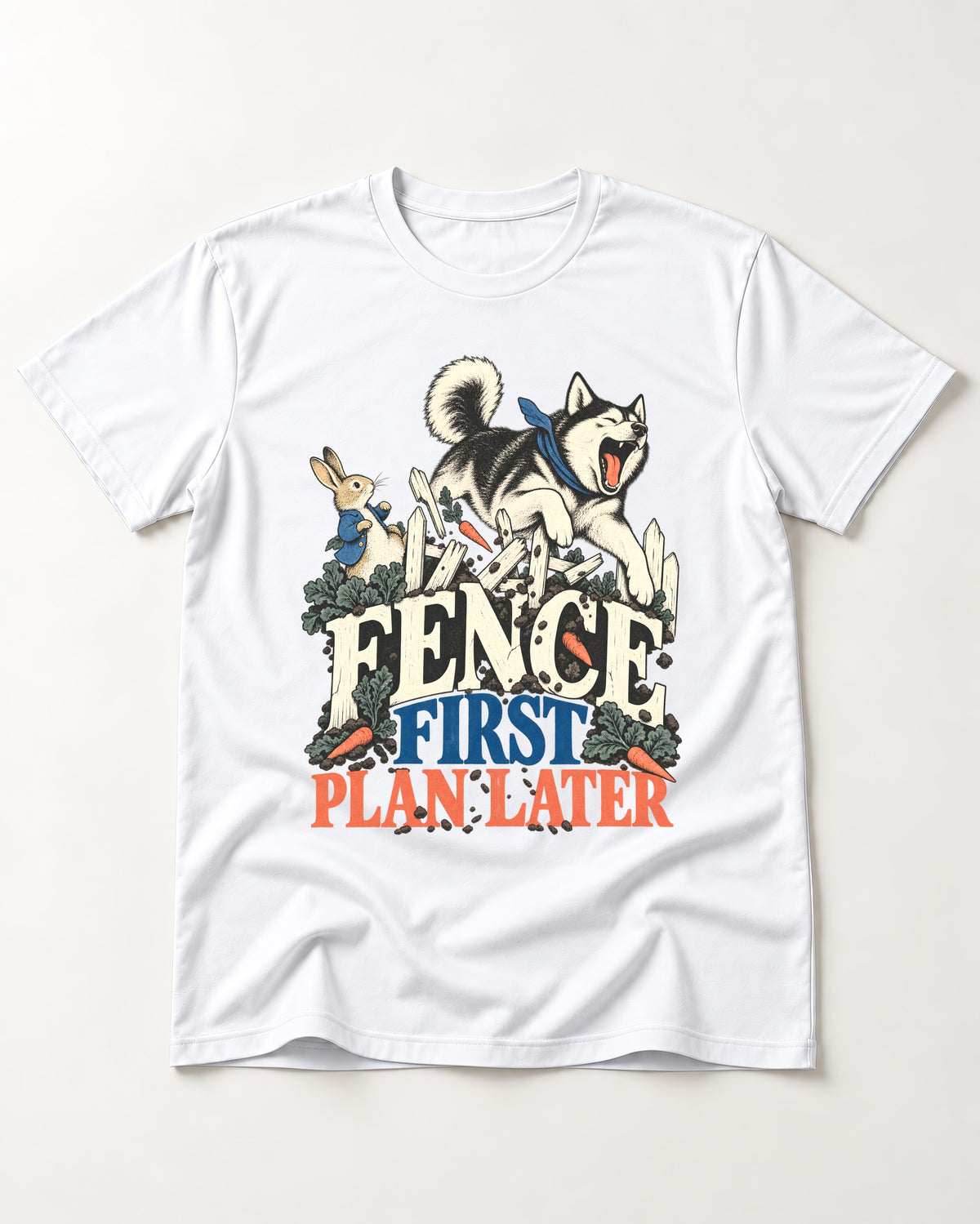 Husky Fence First Plan Later Garden Escape Graphic T-Shirt in White, flat lay product photo