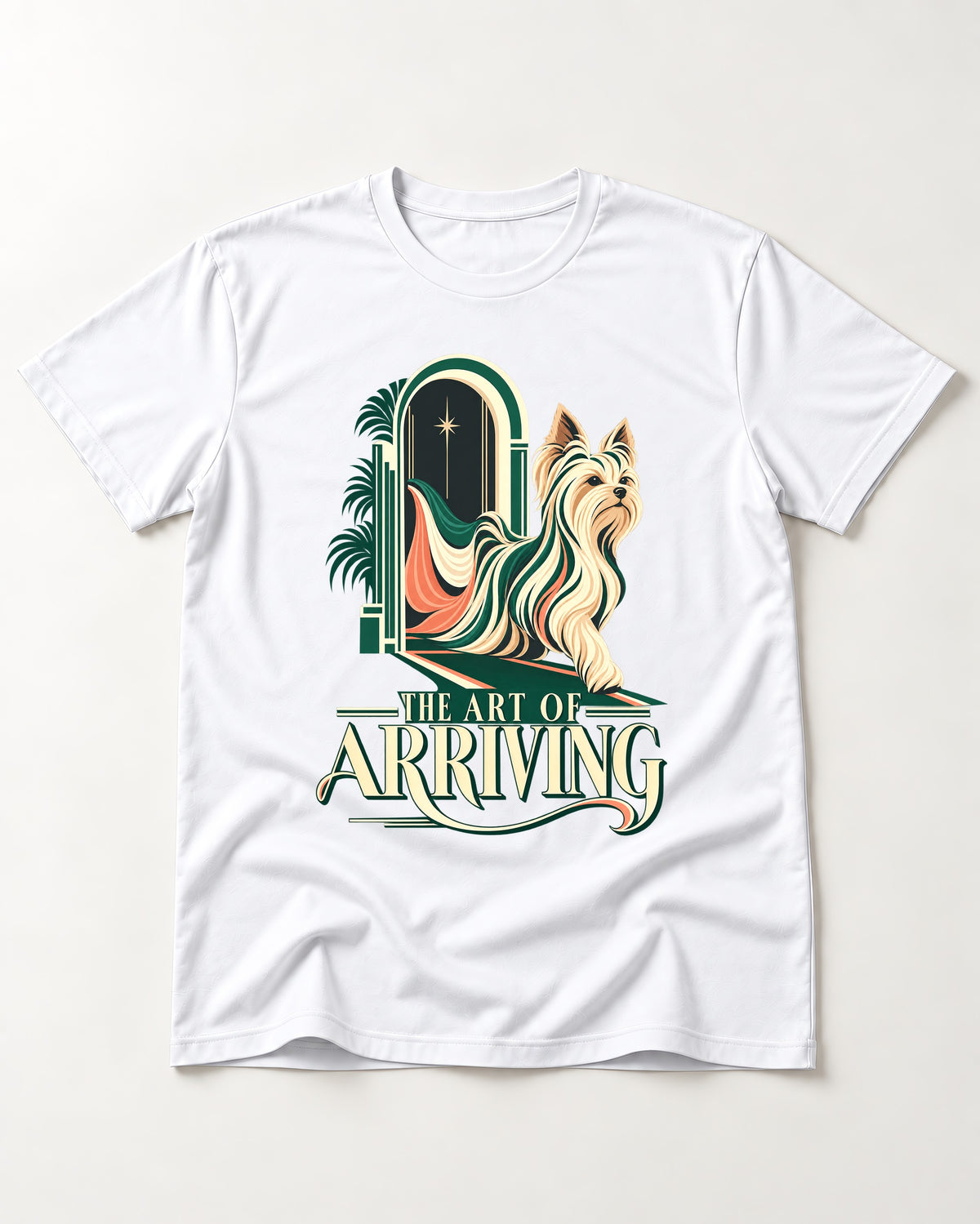 Yorkshire Terrier Arriving T-Shirt in White, flat lay product photo