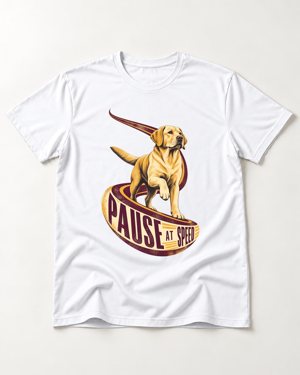 Labrador Retriever Pause at Speed Ribbon Graphic T-Shirt in White, flat lay product photo