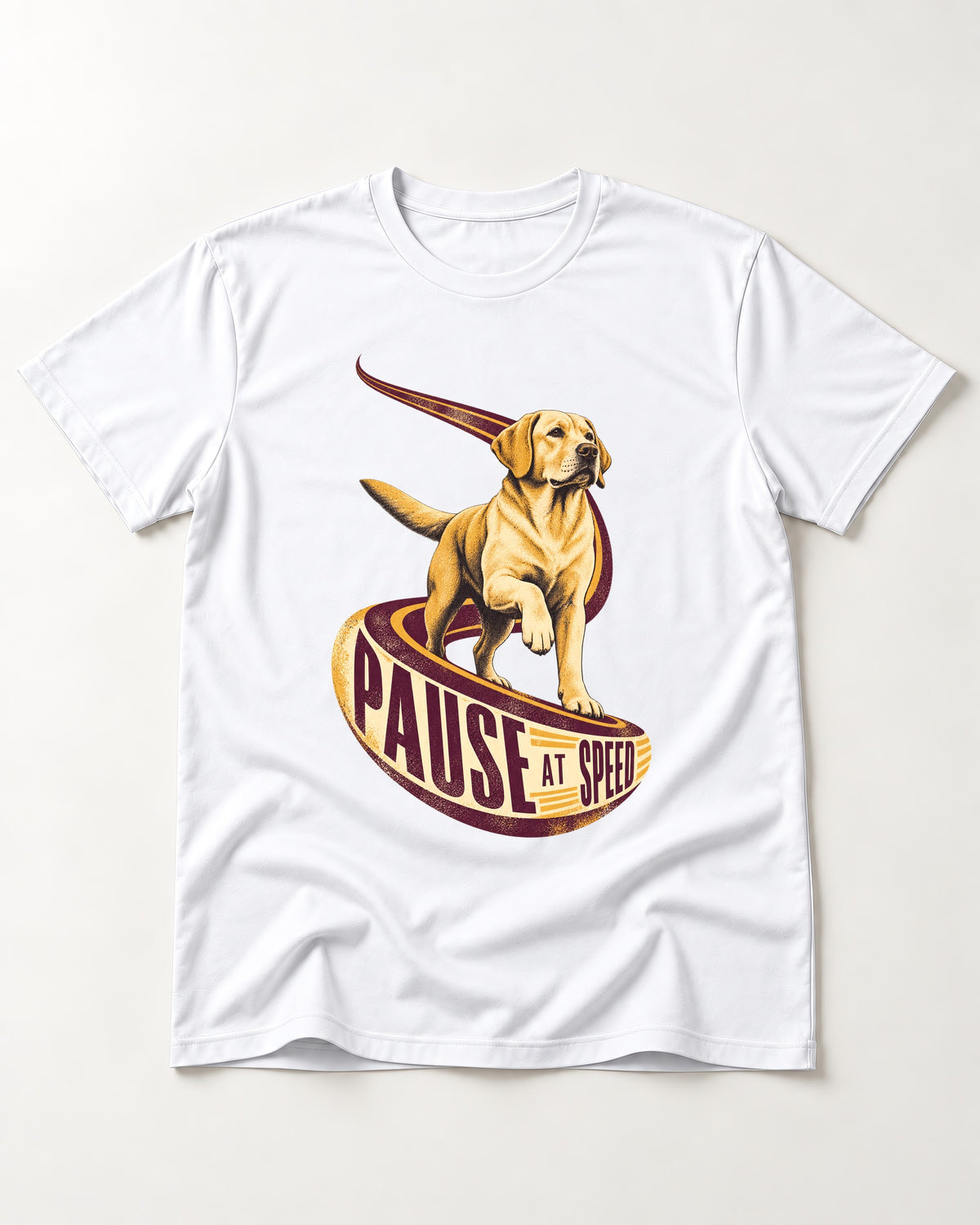 Labrador Retriever Pause at Speed Ribbon Graphic T-Shirt in White, flat lay product photo