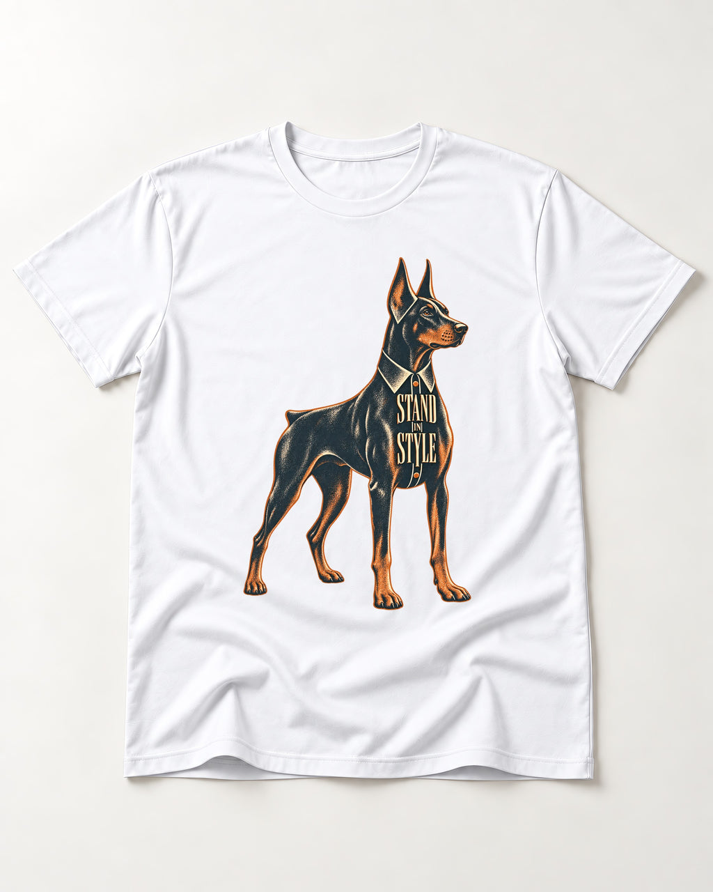 Doberman Stand in Style Suit Graphic T-Shirt in White, flat lay product photo