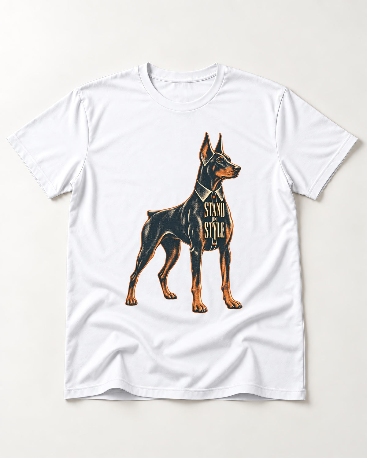 Doberman Stand in Style Suit Graphic T-Shirt in White, flat lay product photo