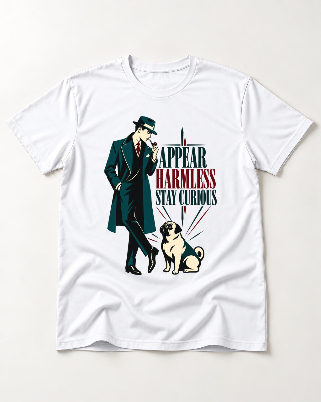 Pug Appear Harmless Stay Curious T-Shirt in White, flat lay product photo