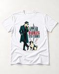 Pug Appear Harmless Stay Curious T-Shirt in White, flat lay product photo
