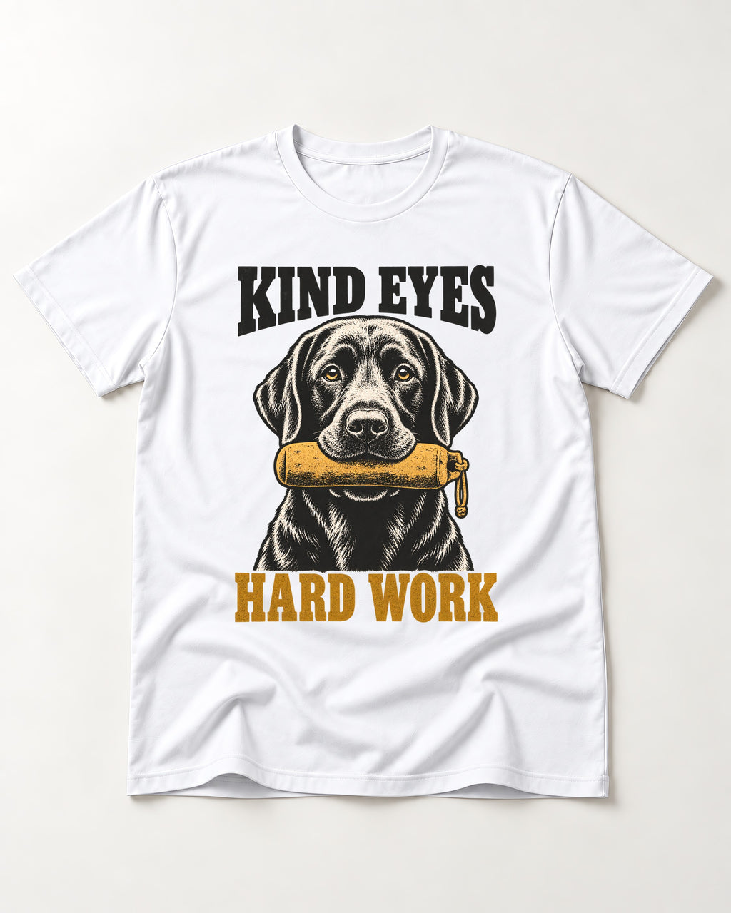 Kind Eyes Hard Work Labrador Retriever T-Shirt in White, flat lay product photo