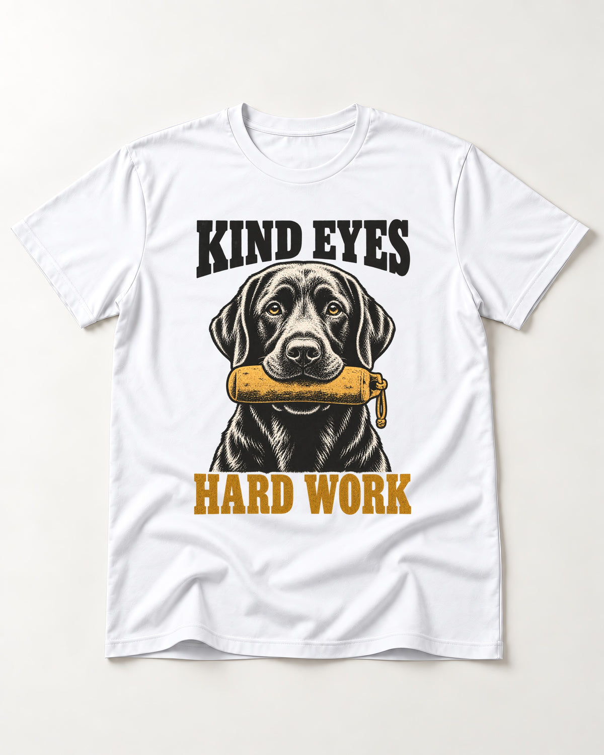 Kind Eyes Hard Work Labrador Retriever T-Shirt in White, flat lay product photo