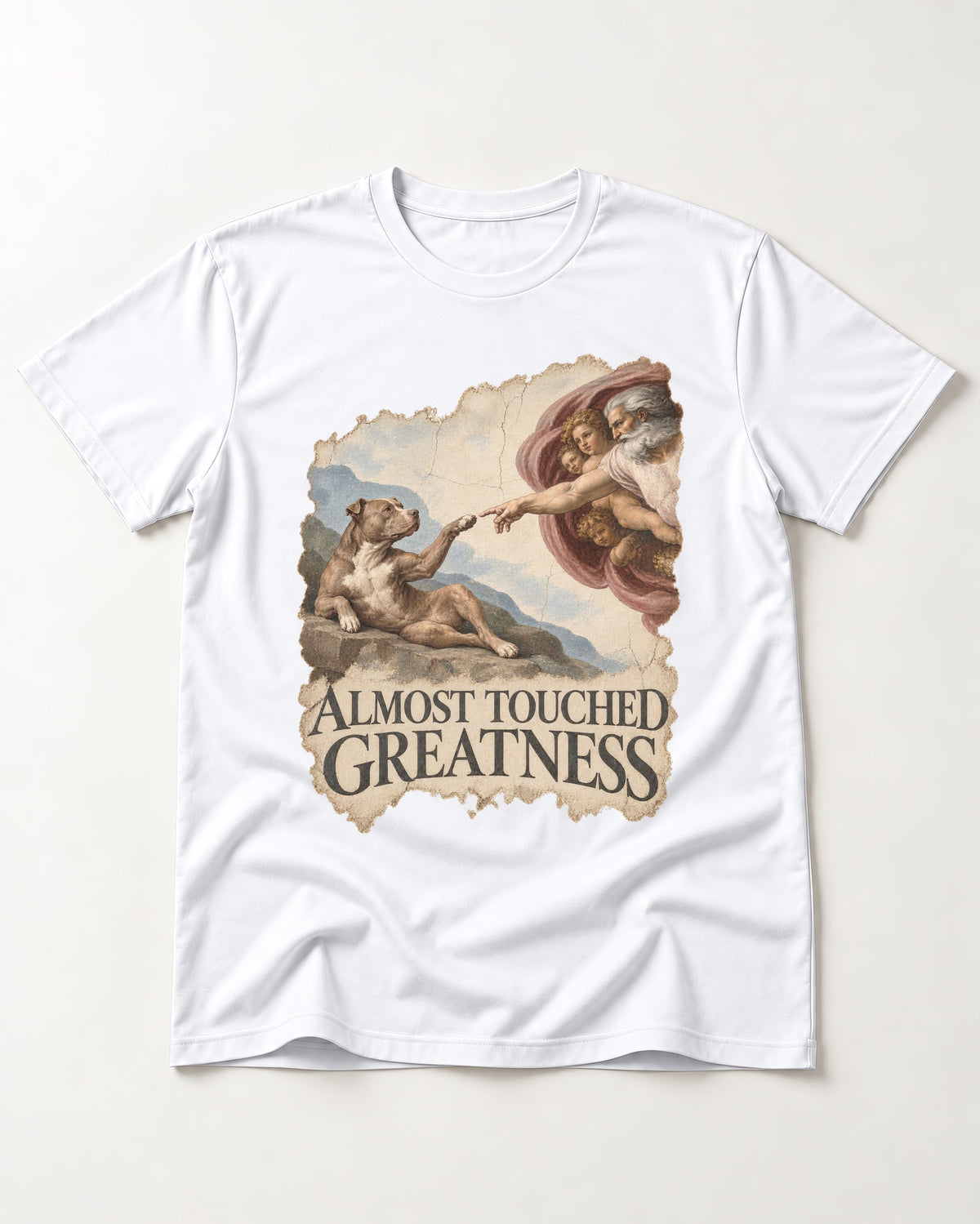 Pitbull Almost Touched Greatness Creation Parody Graphic T-Shirt in White, flat lay product photo
