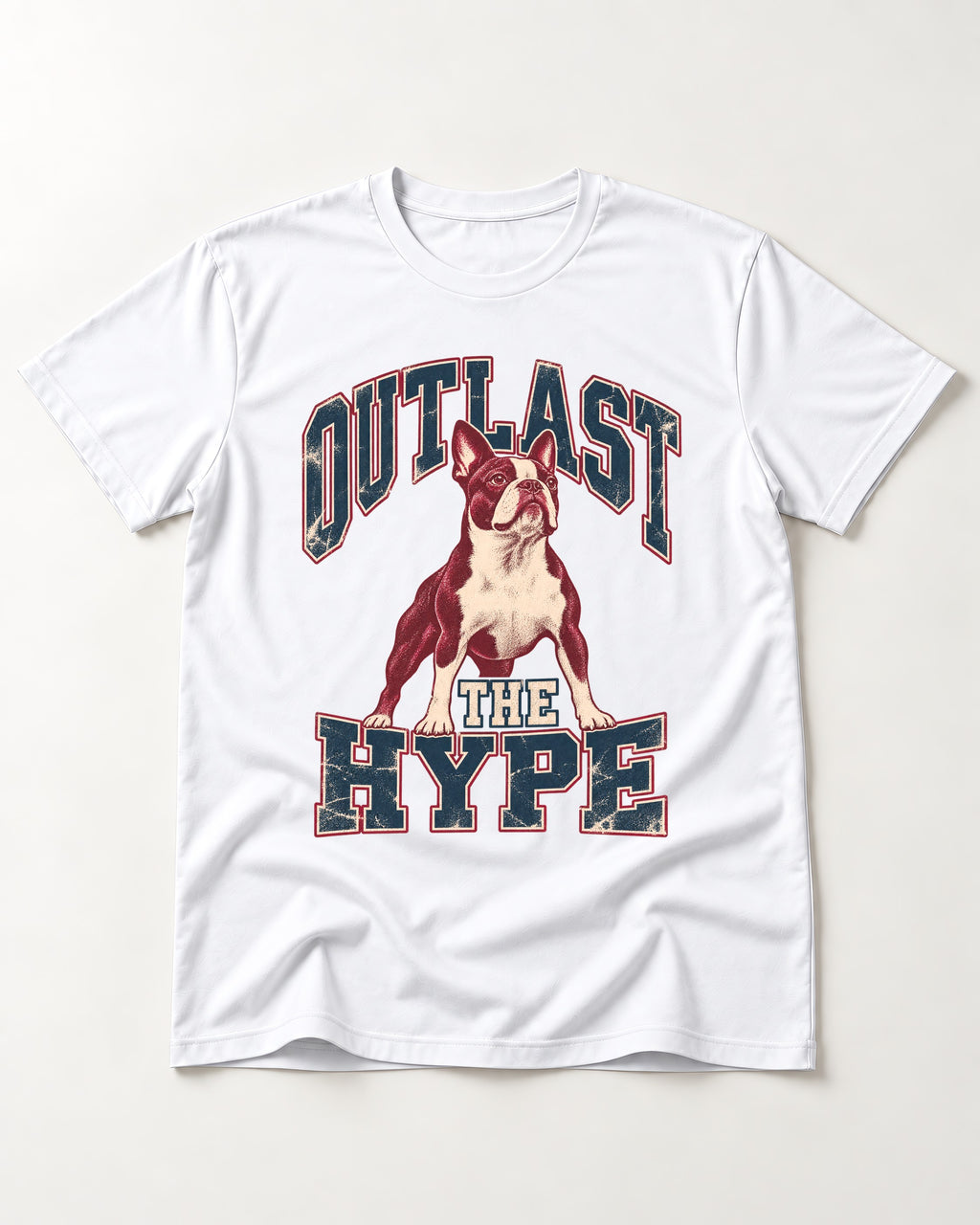 Boston Terrier Outlast The Hype Collegiate Graphic T-Shirt in White, flat lay product photo