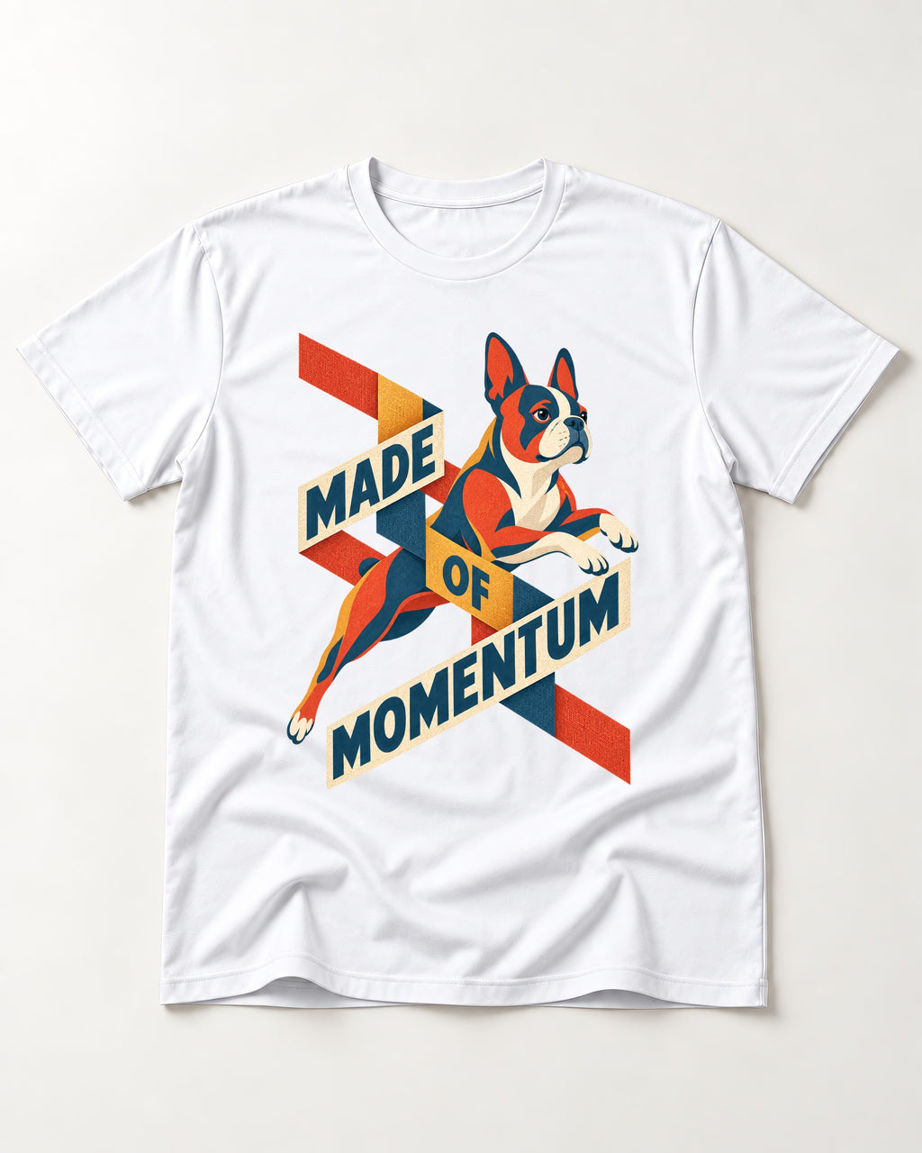 Made of Momentum Boston Terrier T-Shirt in White, flat lay product photo