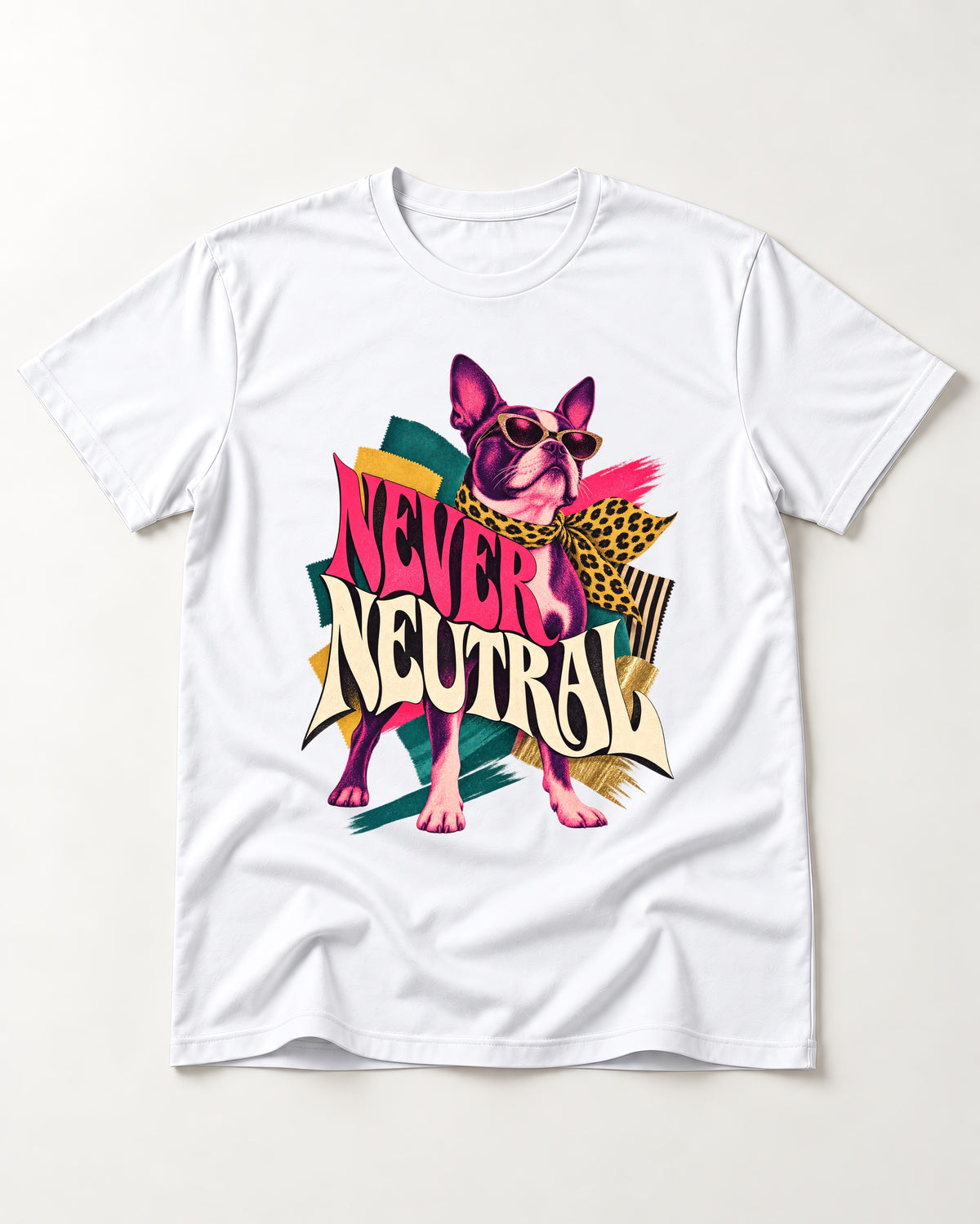 Boston Terrier Never Neutral Fashion Collage Graphic T-Shirt in White, flat lay product photo