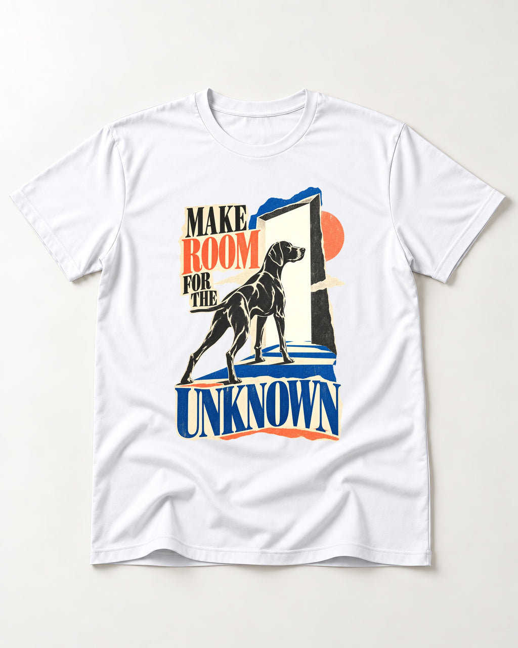 German Shorthaired Pointer Room for the Unknown T-Shirt in White, flat lay product photo