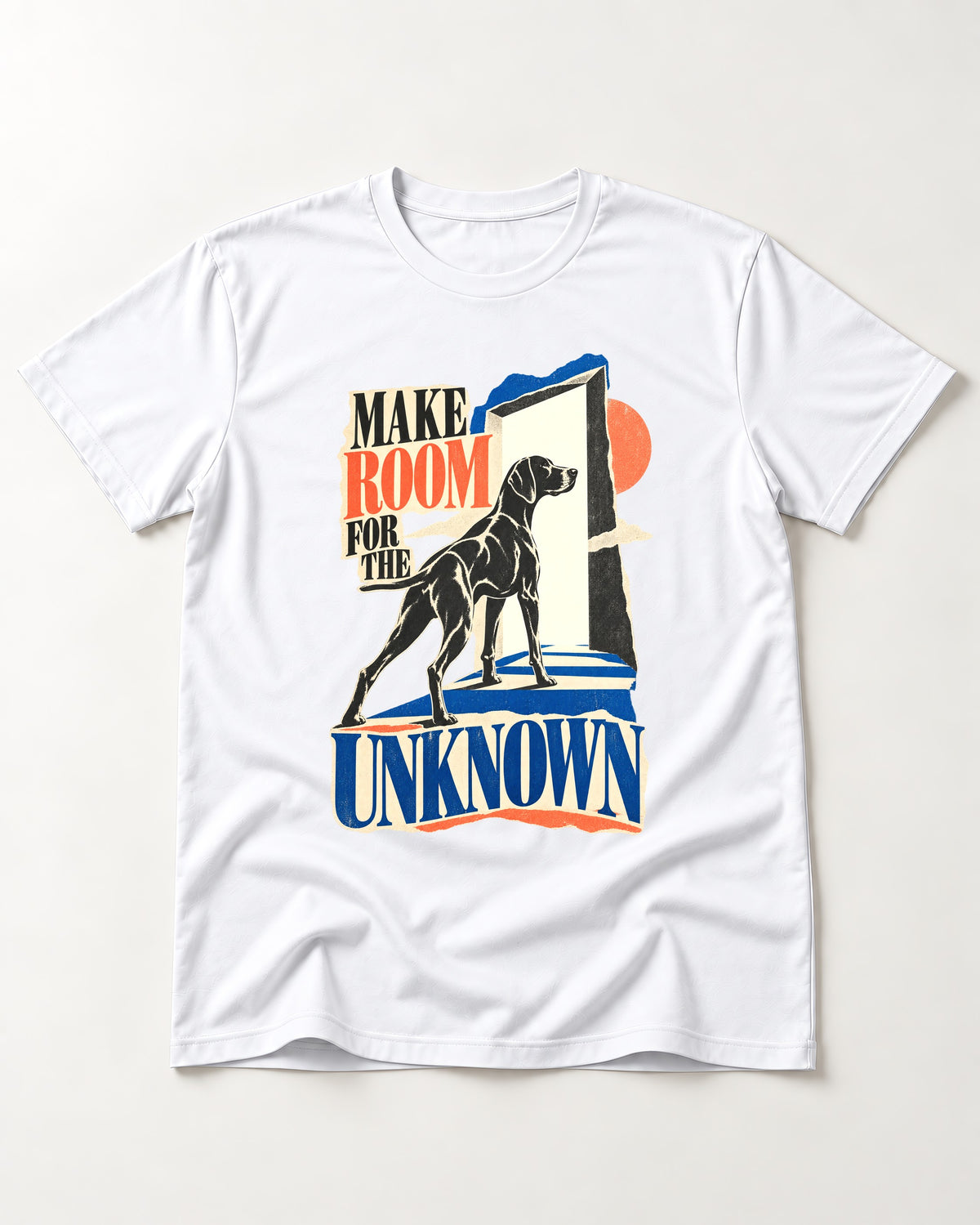 German Shorthaired Pointer Room for the Unknown T-Shirt in White, flat lay product photo