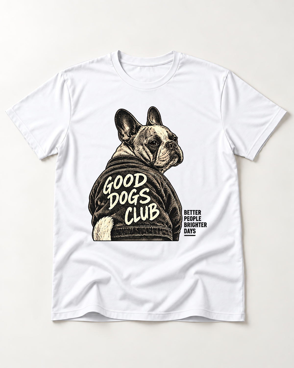 Good Frenchie Club T-Shirt in White, flat lay product photo