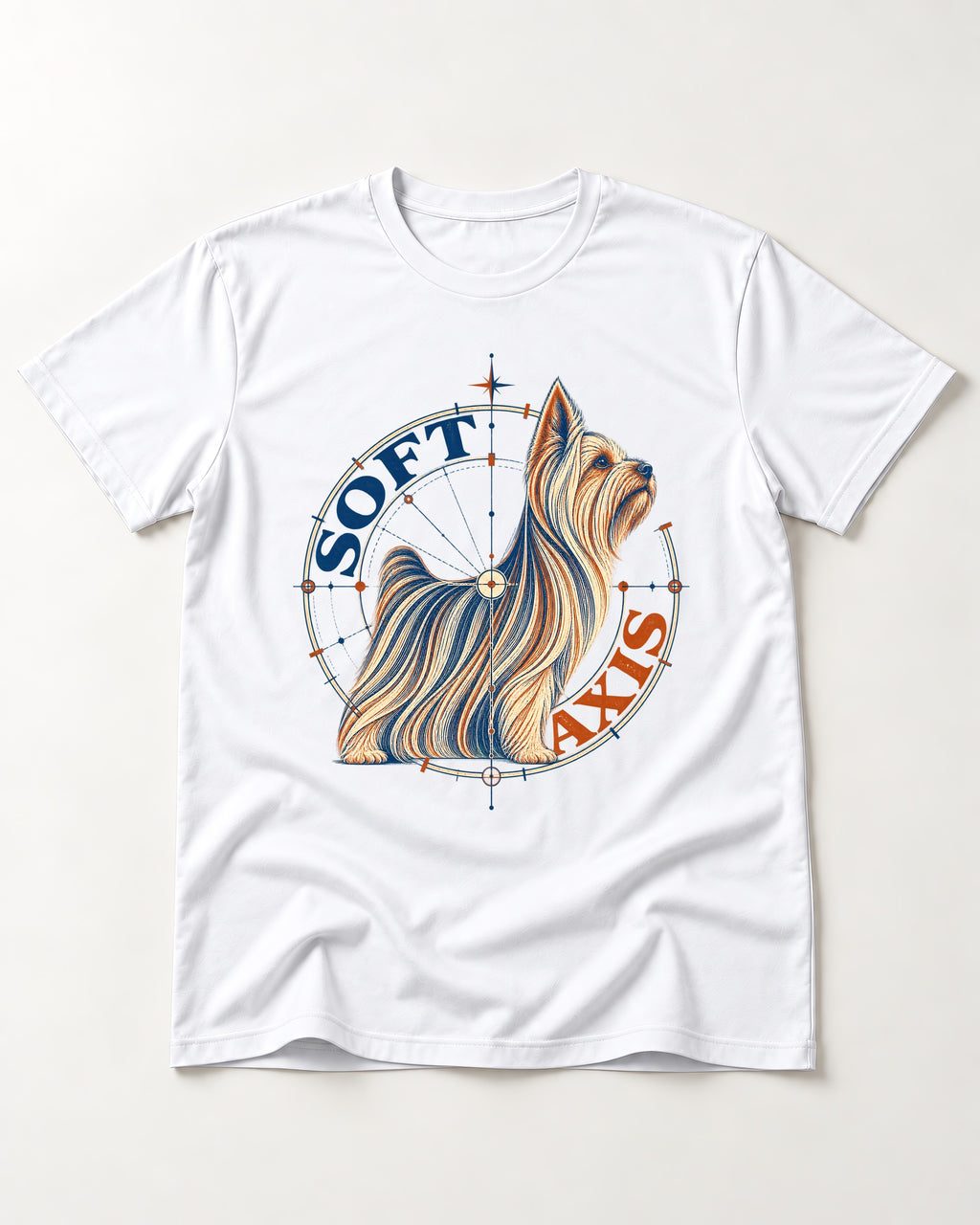Soft Axis Yorkshire Terrier T-Shirt in White, flat lay product photo