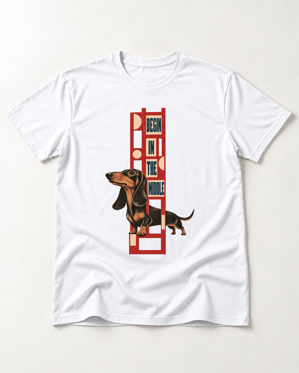 Dachshund Begins in the Middle T-Shirt in White, flat lay product photo