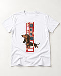 Dachshund Begins in the Middle T-Shirt in White, flat lay product photo