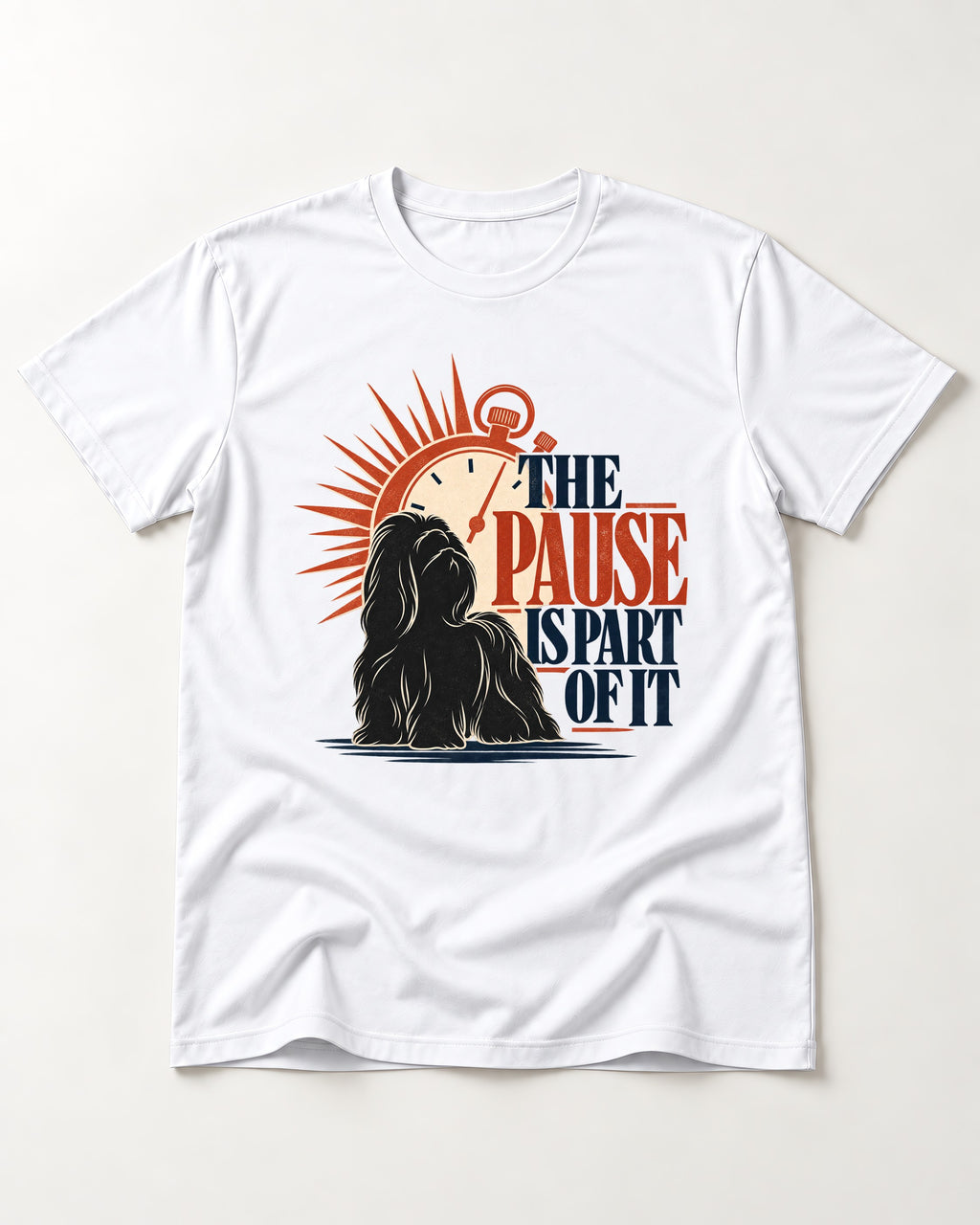 The Shih Tzu Pause T-Shirt in White, flat lay product photo
