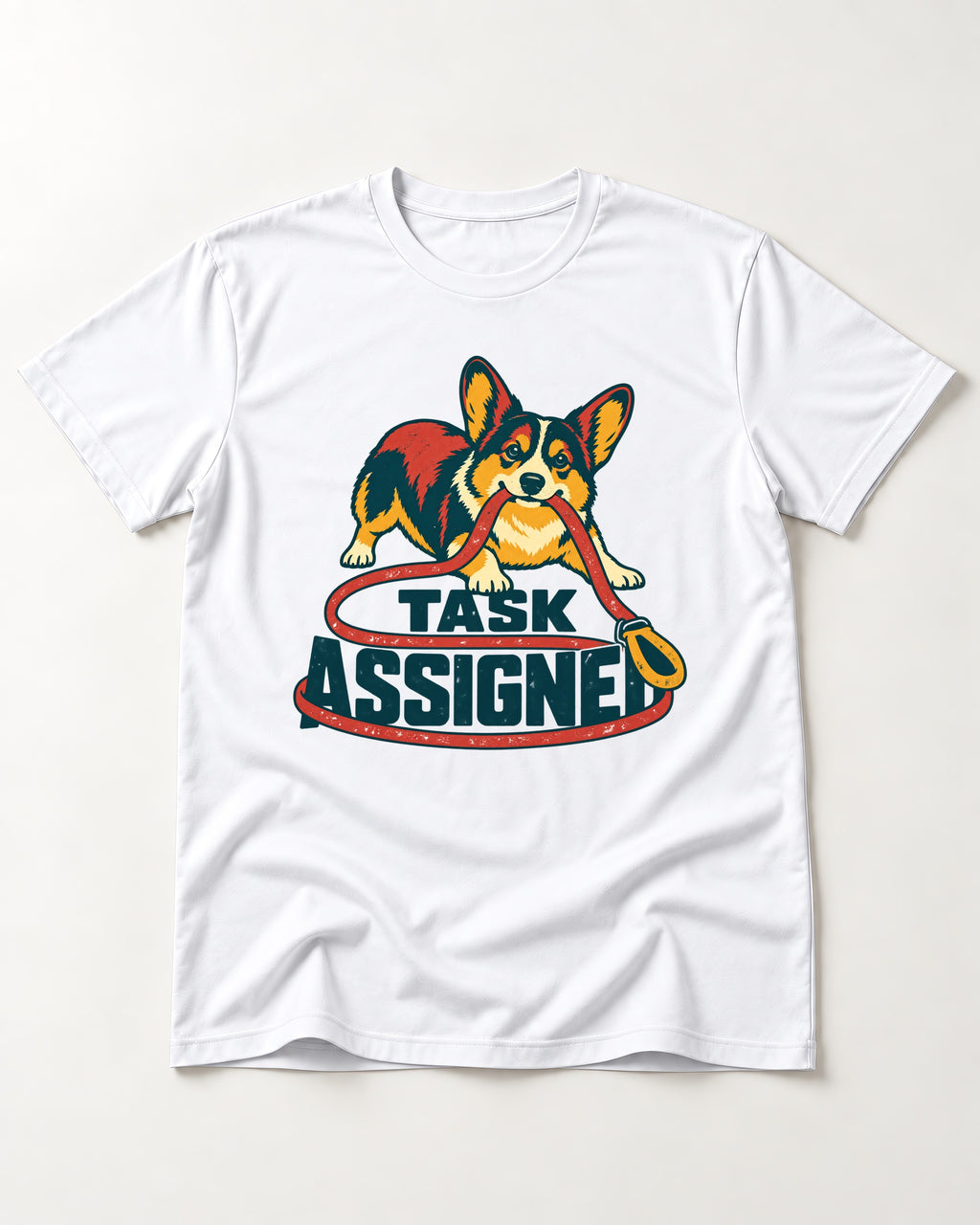 Corgi Task Assigned T-Shirt in White, flat lay product photo