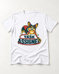 Corgi Task Assigned T-Shirt in White, flat lay product photo