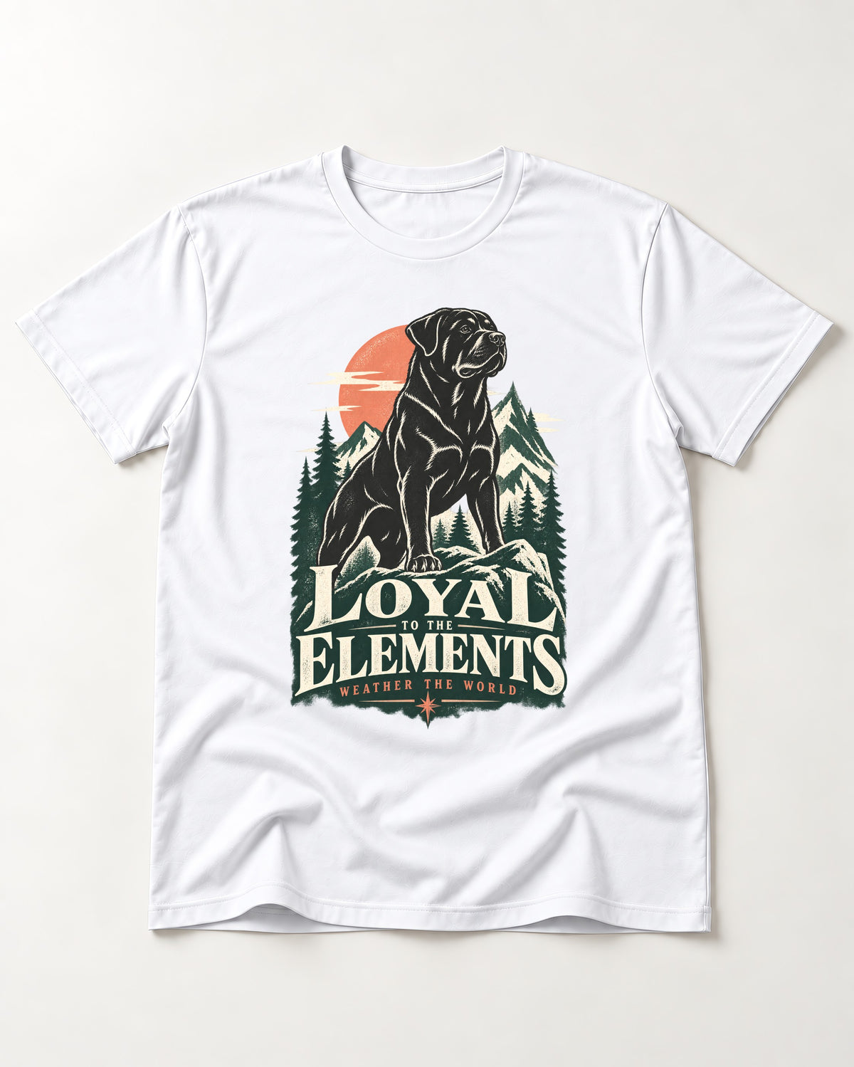 Rottweiler Loyal to the Elements T-Shirt in White, flat lay product photo