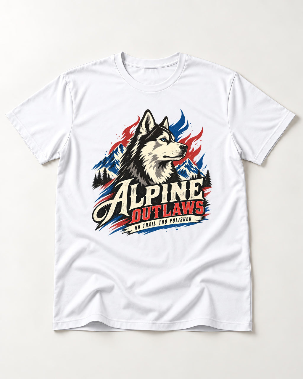 Husky Alpine Outlaws No Trail Too Polished Graphic T-Shirt in White, flat lay product photo