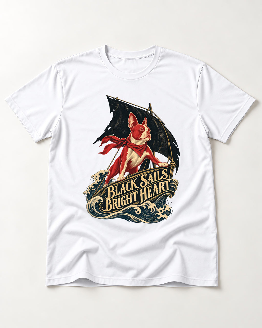 Black Sails Bright Heart Boston Terrier T-Shirt in White, flat lay product photo