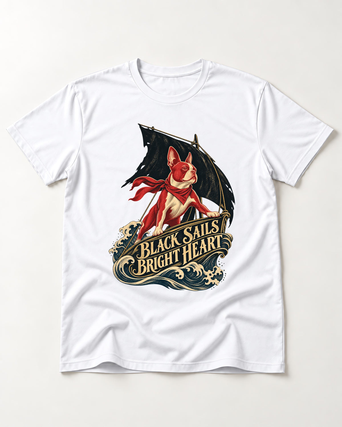 Black Sails Bright Heart Boston Terrier T-Shirt in White, flat lay product photo