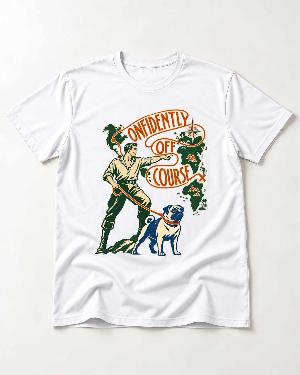 Pug Confidently Off Course T-Shirt in White, flat lay product photo