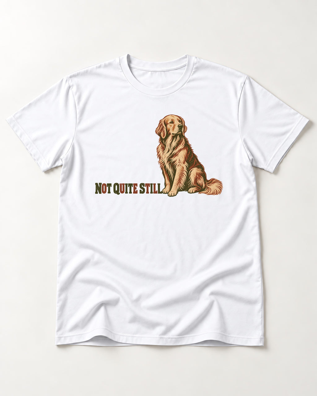 Golden Retriever Not Quite Still T-Shirt in White, flat lay product photo