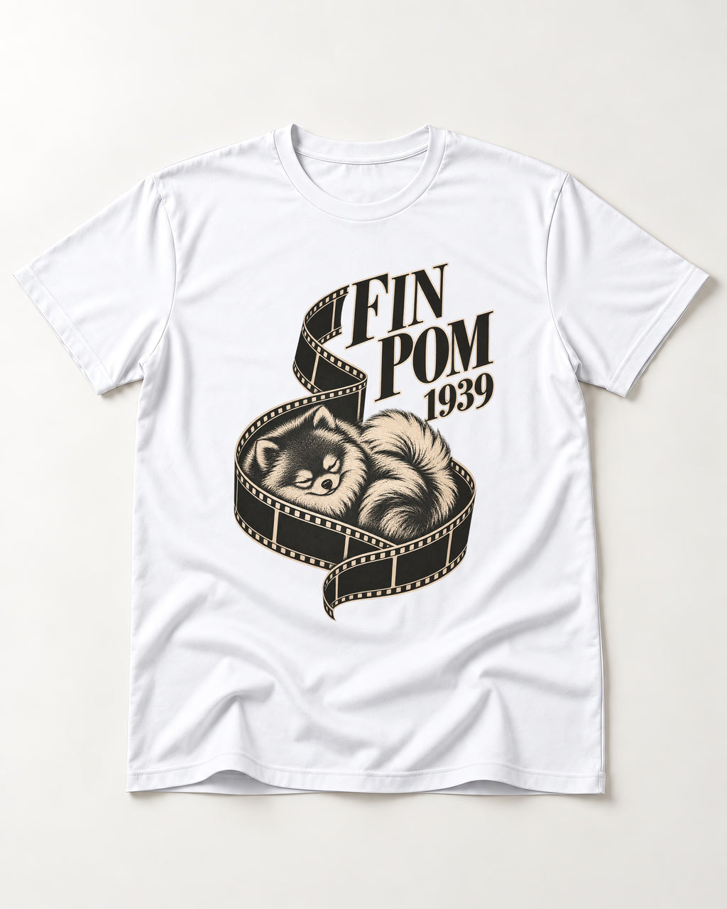 Fin Pomeranian T-Shirt in White, flat lay product photo