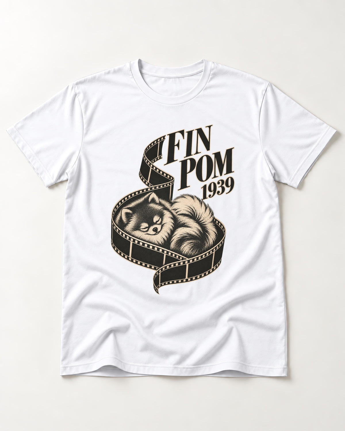 Fin Pomeranian T-Shirt in White, flat lay product photo