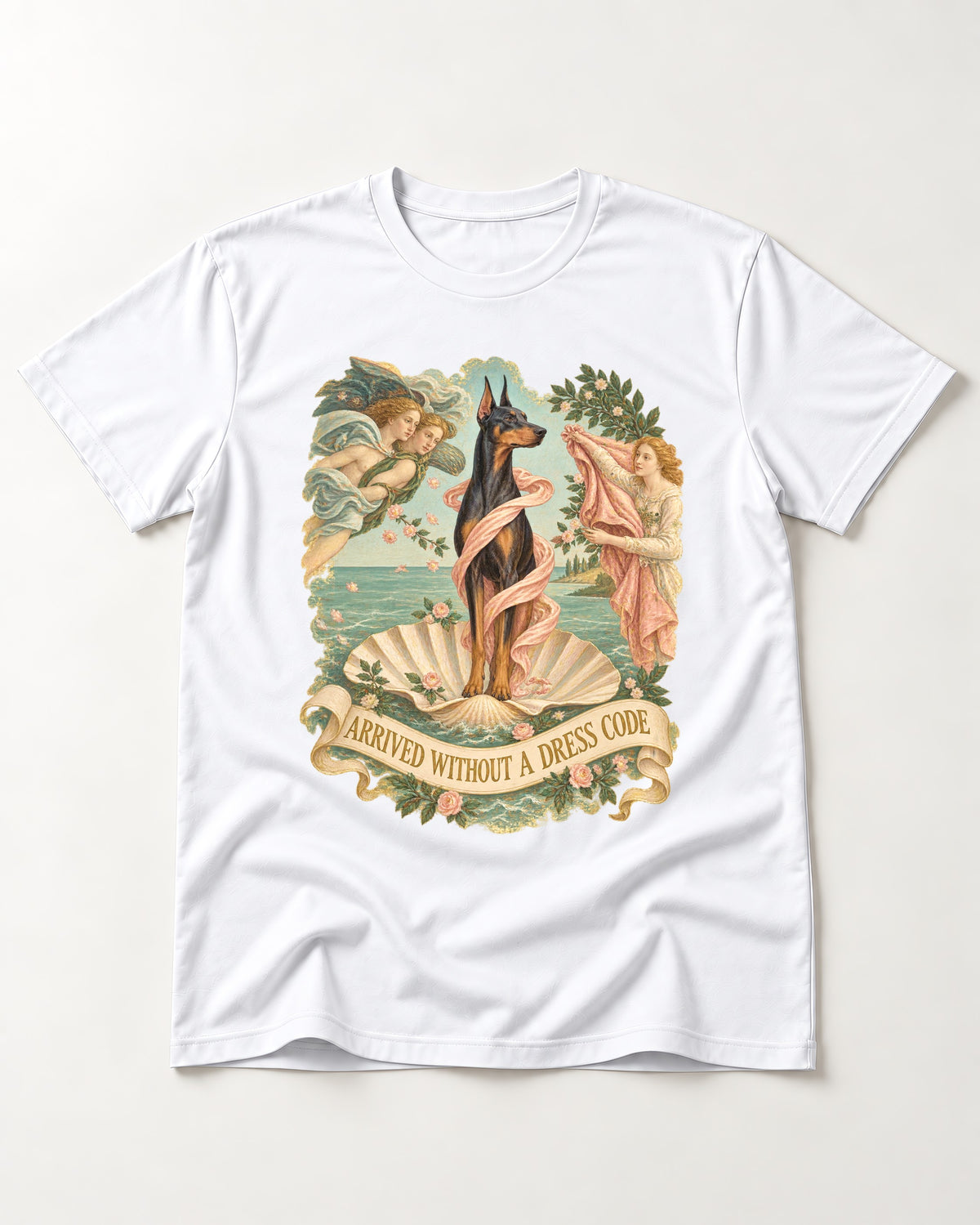 Doberman Arrived Without a Dress Code Renaissance Graphic T-Shirt in White, flat lay product photo