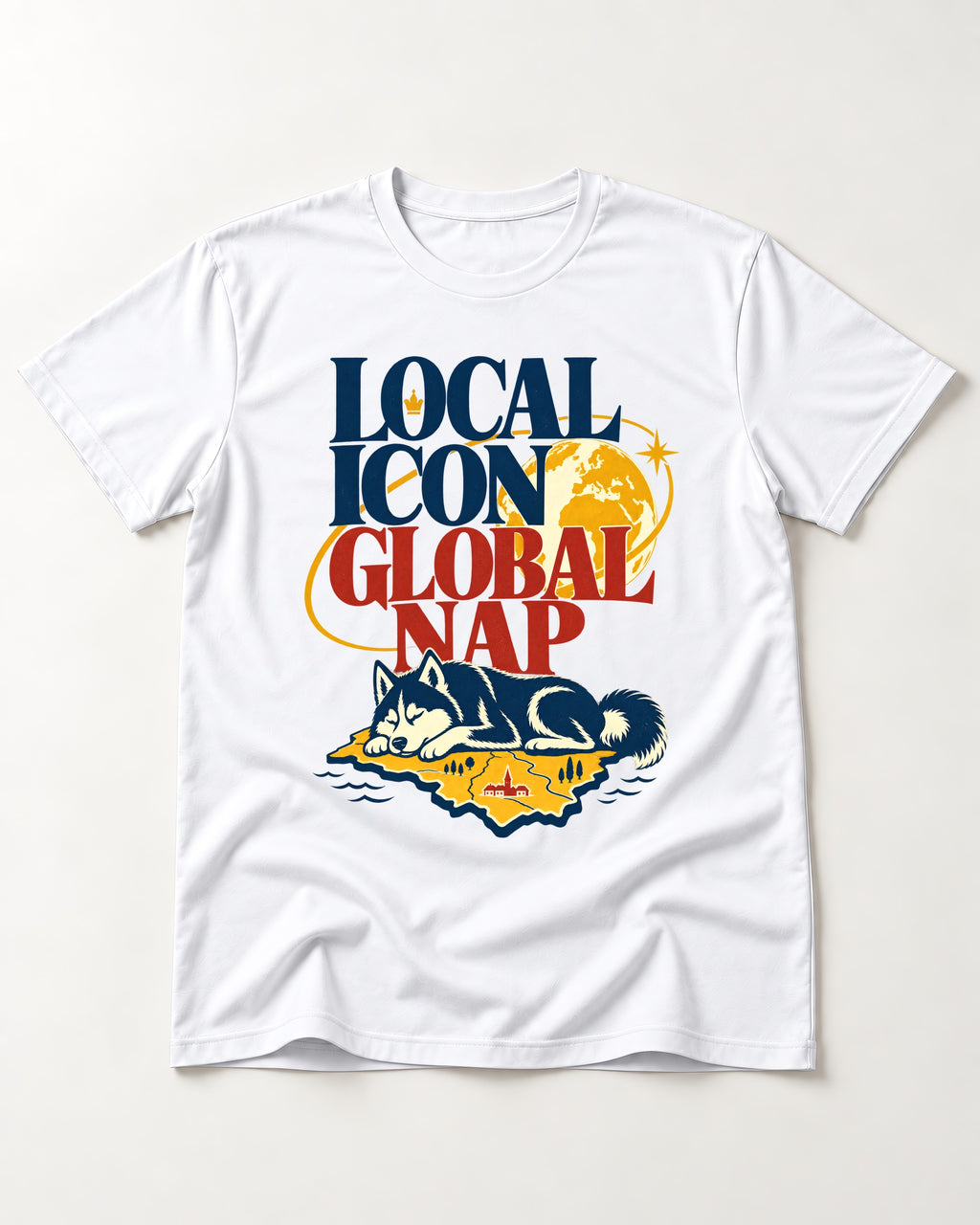 Husky Local Icon Global Nap T-Shirt in White, flat lay product photo