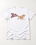 Golden Retriever Still Moving Forward T-Shirt in White, flat lay product photo